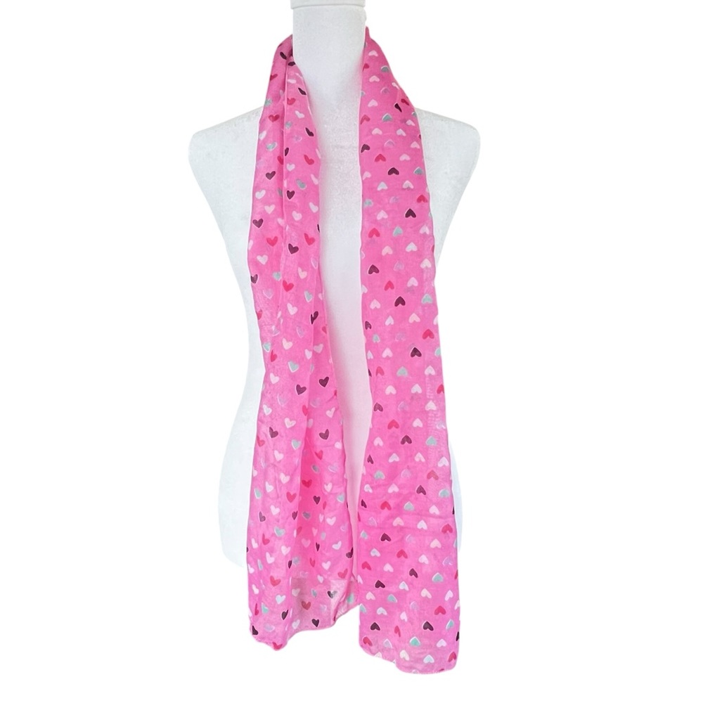 Pink Heart Print Sheer Scarf Lightweight Hair Neck Bag Scarf